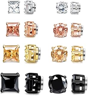 ORAZIO 8 Pairs Round/Square Cubic Zirconia Inlaid Magnetic Earrings Set for Women Men, Non Piercing Stainless Steel CZ Magnetic Clip On Stud Earrings 4 Colors 5-8MM
