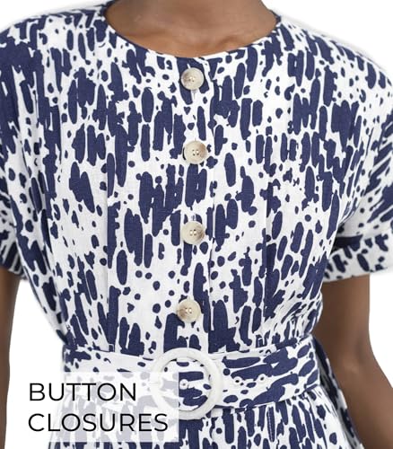 Image of SIXDO 2025 Womens Midi Dress A Line Front Button Adjustable Belt Round Neck Roll Short Sleeve Work Office