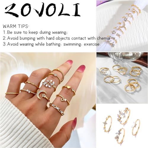 ZOVOLI Golden Knuckle Stacking Rings Set for Women, Boho Dainty Sparkle Crystal Rhinestone Moon Star Rings Sets, Vintage Joint Rings Pack Jewelry Gift for Her - Image 3