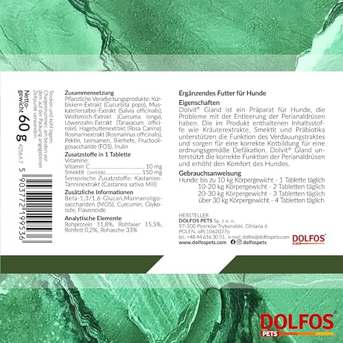Dolvit Gland Analdrüsen Hund, 60 Tabletten für Hunde, Spezial-Analdrüsenkur mit Kräuterextrakten, Flohsamenschalen & Smektit, Unterstützung Verdauung, korrekte Kotbildung, mittlere & große Hunde