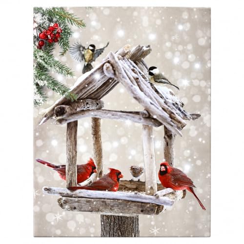 Lighted Cardinals Canvas Wall Art with Rustic Bird Feeder, Snowy Winter Scene with Red Birds, Berries & LED Fiber Optic Lights, Battery Operated Christmas Cardinal Print, 15.75" x 11.75"