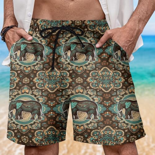 Elephant Trunk Mens Swim Trunks - Elephant Hawaiian Mens Shorts Casual - Summer Drawstring Beachwear Shorts PA962