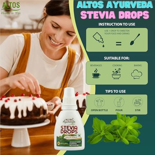 Image of ALTOS Ayurveda Stevia Drops - Natural Sweetener, Zero Calories, Zero Aspartame, Liquid Form, Diabetic Friendly, Weight Management, Made with Natural Stevia Leaves Extract, 30 Millilitre
