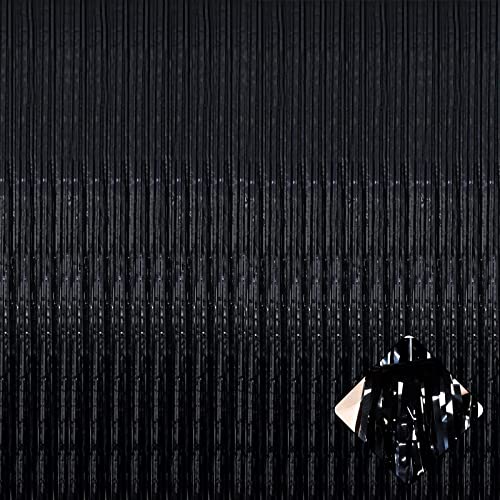 Image of 4 Pack 3.2Ft x 8.2Ft Black Foil Fringe Curtain Backdrop, Metallic Tinsel Foil Fringe Streamers Curtains Background for Photo Booth, Birthday, Wedding, Halloween, Christmas Party Decoration