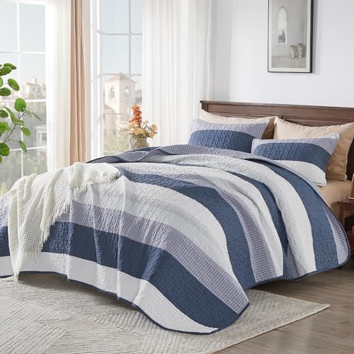 Image of Andency Oversized Queen Quilt Bedding Set, 98x98Inch Mineral Blue Stripe Bedspread Coverlet 3 Pieces, Soft Lightweight Blue Patchwork Quilted Bed Set for All Season (1 Quilt, 2 Pillowcases)