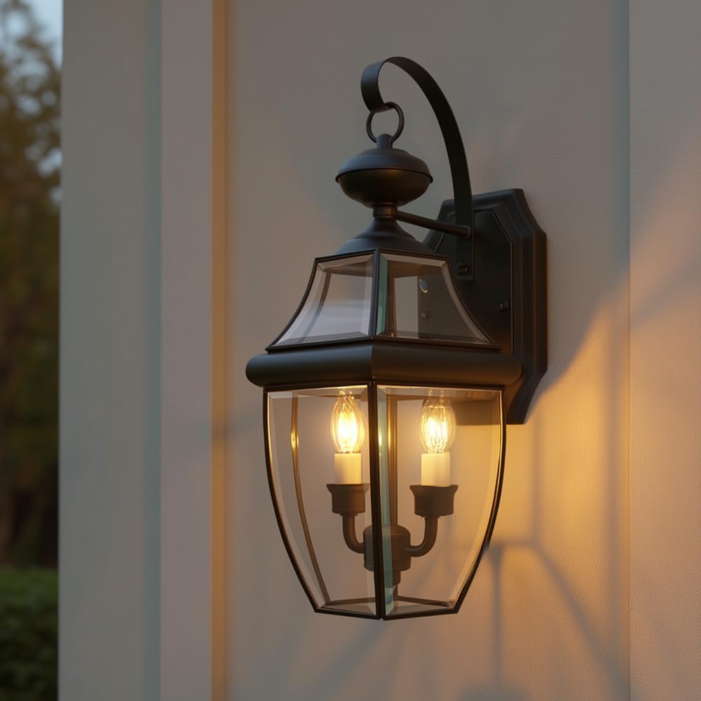 Urban Ambiance Luxury Colonial Outdoor Wall Light, Large Size: 22.5" H x 12.25" W, with Tudor Style Elements, Versatile Design, High-End Black Silk Finish and Beveled Glass, UQL1146