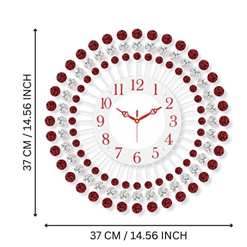Image of CHRONIKLE Stylish Floral Design Crystal Round Analog Diamond Studded Metal Wall Clock for Living Room Home Decorations Office Gifts (Size: 37 x 5 x 37 CM | Color: Red | Weight: 830 Gram)