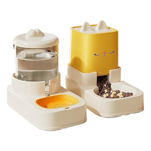 猫用給水器と自動給餌機一体型 虹吸式 パンチング式 大容量2200ml 自動給水・給餌 安全な広口設計 水漏れ防止 フィルター付き お手入れ簡単 カラーバリエーション豊富 猫・犬対応 (クリームイエロー給餌給水器 サイズ参照)