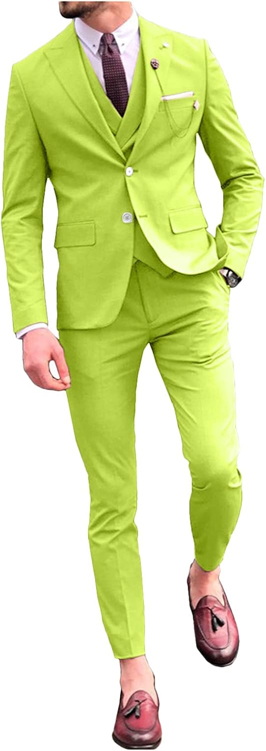 Wemaliyzd Men's 3 Piece Classic Fit Suit Set, Peak Lapel Tuxedo Blazer Coat Vest Pants Evening Party
