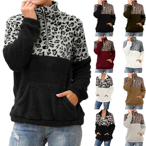Image of HUIFUAO Women's Fleece Jacket White Double Fleece Sweatshirts Quarter Zip Pullover Jumpers Winter Warm Fuzzy Coats Stitching Sweater Long Sleeve Outerwear With Pockets (Green, XL)
