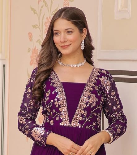 Image of FOXDX Womens Faux Georgette Sequence Embroidered Ankle Length Anarkali Gown for Women| Festival | Trending |