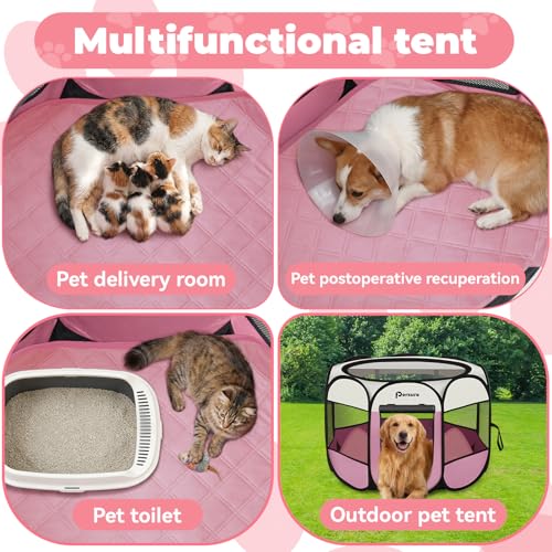Image of Persure Dog Cat Pet Playpen Puppy Crate Cage for Indoor Outdoor Travel | Nursing Rest Zone Recovering Pet Quarantine Room Portable Pop Up Easy to Set up lightweight (Pink with Pad, Large)