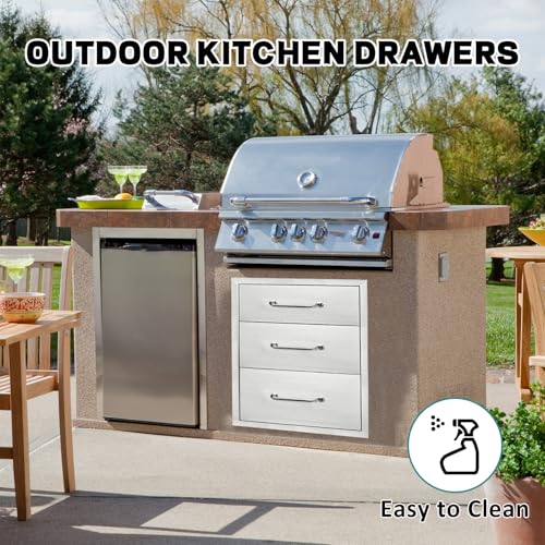 Image of Outdoor Kitchen Drawers 18 inch W x 23 inch H x 21 inch D Stainless Steel Drawer BBQ Triple Drawers with Chrome Handle for Outdoor Kitchen Island, Patio Grill Station