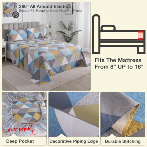 Image of Color-Block Geometric Percale Sheets Queen Size, Deep Pocket, 4Pcs