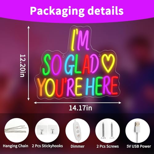 Image of I'm So Glad You're Here Neon Sign, Letter Neon Signs for Wall Decor Dimmable Light up Sign, Classroom Wedding Kids Room Store Home Neon Decor 14.17 x 12.2 inch