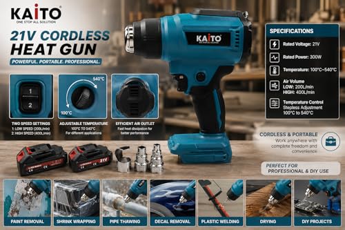 Image of KAITO Cordless Heat Gun 21 V Li-Ion with 2 x 2.5 Ah Batteries & Charger | Portable Hot Air Gun with 3 Nozzles | Dual-Temperature Heat Gun for PVC Shrink Wrap, Paint Removal, Craft & Mobile Repair