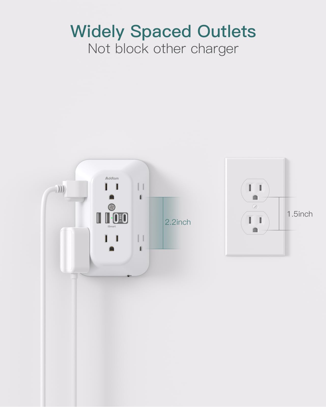 Addtam Surge Protector Outlet Extender, 6 Outlet Splitter with Night Light and 4 USB Wall Charger(2 USB-C Ports), Multi Plug Wall Outlet Power Strip for Home Office Dorm Room Essentials — view 6