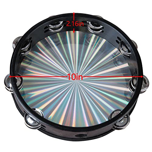 Tambourines Radiant Hand Held Drum 10 Inch with double row Metal Bell,Wooden Hand Percussion Music Instruments for Kids,Teaching,Party Games