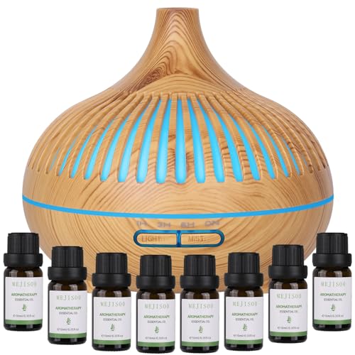 GeeRic Diffuseur d'huiles essentielles 500ML,8 * 10ML Huiles essentielles + Humidificateur à ultrasons Purificateur d'air Diffuseur d'arôme Huiles parfumées...