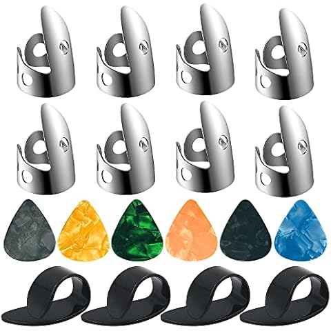 DLAND 18 Adjustable Finger Picks,Including Stainless Steel Finger Picks, 4 Plastic Thumb Picks,and 6 Picks for Guitar,Harp,Banjo and Other Instruments Cover