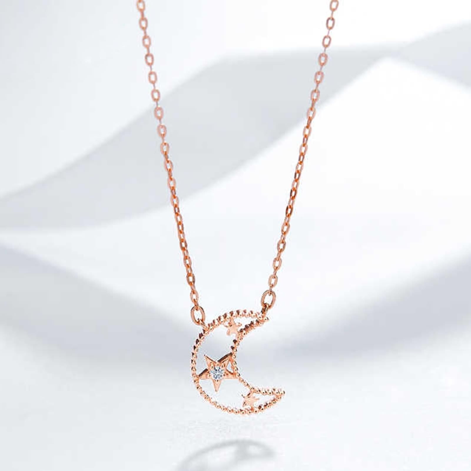 Collar largo con colgante para mujer, luna y estrella de moda con diamante de forma redonda, oro rosa de 9 quilates, 14 y 18 quilates