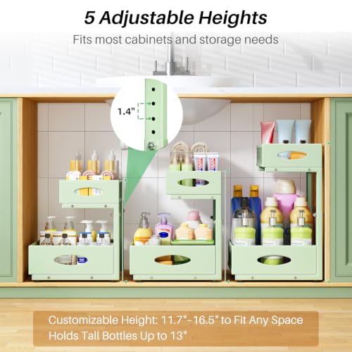Image of Under Sink Organizer, 1-Pack Pull Out Cabinet Organizer 2 Tier Metal Slide Out Storage Shelf Rack, L-Shaped Adjustable Height,Mesh Sliding Drawer for Kitchen, Bathroom, Laundry, Pantry, Green, XL