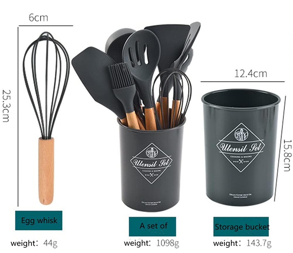 Ustensiles de Cuisine en Silicone, poignées en Bois Set de spatule, ustensiles de Cuisson Grises pour casseroles Non-bâton, spatules en Silicone pour Cuisson Cuisine Gadgets outils-11pcs-01