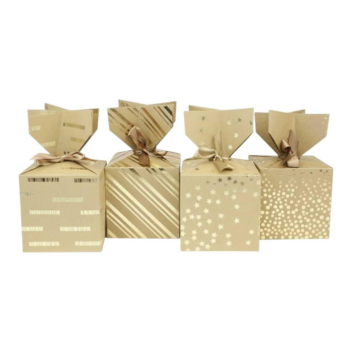 Emartbuy Gold Print Gift Boxes – Pack of 12 (13 × 13 cm) | 4 Assorted Foil Designs – Chevron, Polka Dots, Stripes & Stars | Reusable Kraft Boxes for Weddings, Birthdays & Festive Gifting