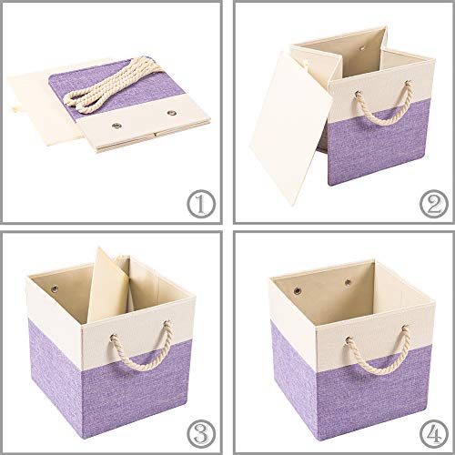 Prandom Large Foldable Cube Storage Bins 13X13 Inch [4-Pack] Fabric Linen Storage Baskets Cubes Drawer With Cotton Handles Organizer For Shelves Toy Nursery Closet Bedroom Purple #TOP5