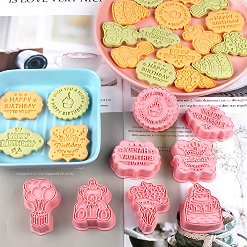 Crethinkaty Happy Birthday Cookie Cutter-8 Plastic Cookie Stamps-Cartoon Fun Cookie Mold，With Happy Birthday Wishes 3D Cookie Cutter Set. #TOP2
