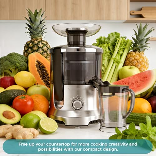 Image of OLIXIS Centrifugal Juicer Machines, 500W Juice Extractor with 2 inch Feed Chute and Pallet for Vegetable and Fruit, Electric Juicer with 3 Speed Quick Juicing, Easy to Clean, BPA-Free, Silver
