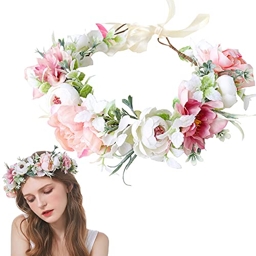 Fleur Bandeau, Couronne de Fée, Fille Couronne de Fleurs de, Couronne Fleur, Serre-tête Réglable en Forme de Couronne de Fleurs Avec Ruban pour Mariage, Cérémonie, Festival (Diamètre: 24cm) Cover