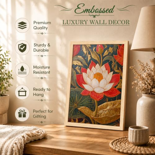 Image of PAINTINGMANTRA Traditional Indian Textured Embossed Lotus Framed Wall Art Painting for wall decoration, Red & Gold Blooming Lotus Motifs Poster with frame for living room, bedroom, Home and office, 10x13 Inch