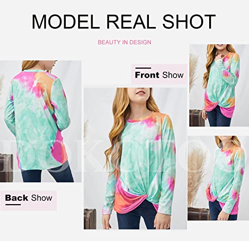 Dokotoo Girls Fashion Tie Dye Crewneck Sweatshirts Fall Long Sleeve Knot Front Sweatshirt Casual Loose Pullover Shirts Tops Green Size 12-13 #TOP7