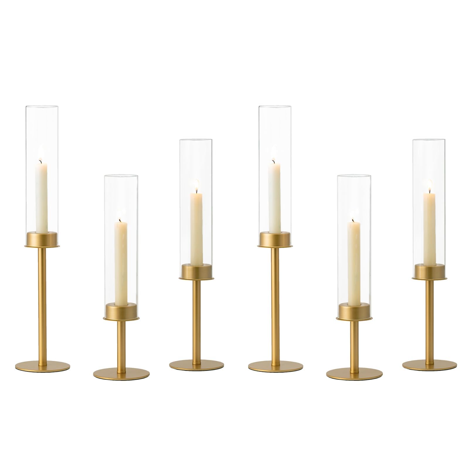 Hewory Gold Candle Holders Hurricane Candlestick Holders, 6Pcs Brass Candle Stick Candle Holder Candelabra, Taper Candle Holders with Glass Candle Cover for Wedding Table Centerpiece Christmas Decor