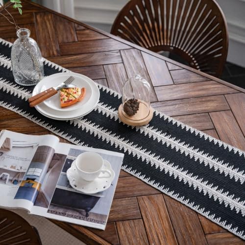 Chemin de table mariage champêtre 400cm en coton lin noir blanc