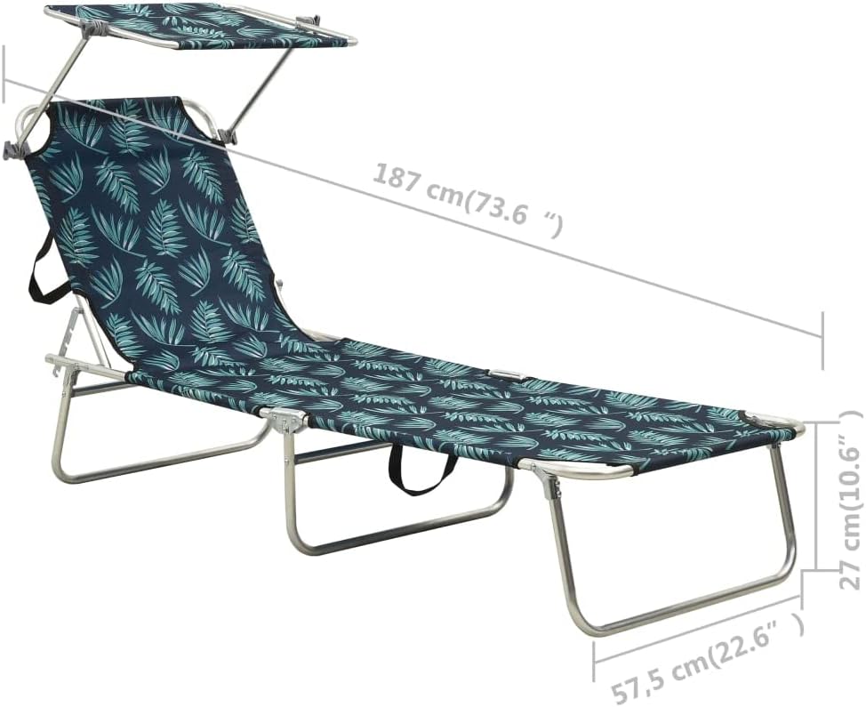 Folding Sun Lounger, 73.6" Leaf-Print Outdoor Chaise Lounge, Powder-Coated Aluminum Frame, 3-Position Reclining Beach Chair for Patio, Poolside & Garden Use