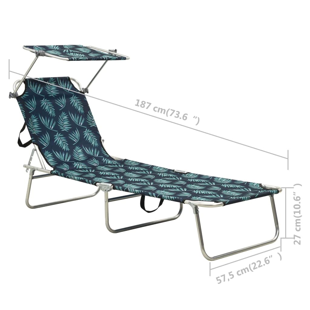 Klappliege mit Sonnendach Blattmuster aus Aluminium, Sonnenliege Gartenliege Liegestuhl Relaxliege, klappbar verstellbar wetterfest für Terrasse Garten Pool Strand Outdoor Camping 110 kg