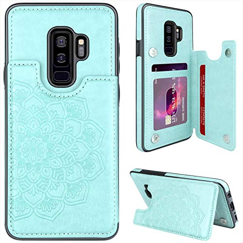 MMHUO for Samsung Galaxy S9 Plus Case with Card Holder,Flower Magnetic Back Flip Case for Samsung Galaxy S9+ Wallet Case for Women,Protective Case Phone Case for Samsung Galaxy S9 Plus 6.2",Mint