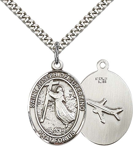 F A Dumont Sterling Silver St. Joseph of Cupertino Pendant with 24" Stainless Steel Heavy Curb Chain. Patron Saint of Pilots/Airforce