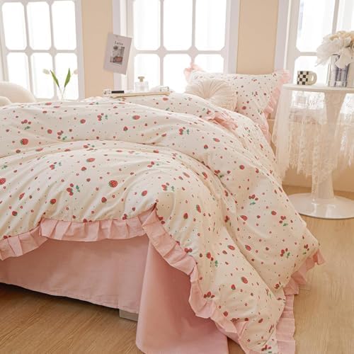MKXI Strawberry Print Comforter Set - Pink and White Ruffled Bedd...