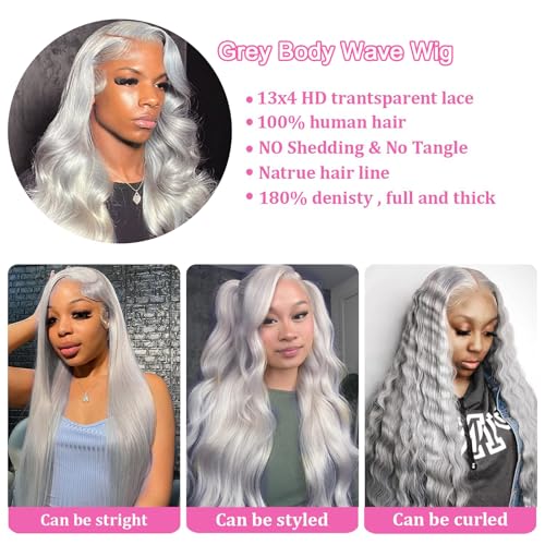 Image of 24 Inch Grey Lace Front Wigs Human Hair 13x4 HD Transparent Body Wave Human Hair Lace Front Wigs 180 Density Pre Plucked Grey Colored Glueless Hair Wig for Women with Baby Hair