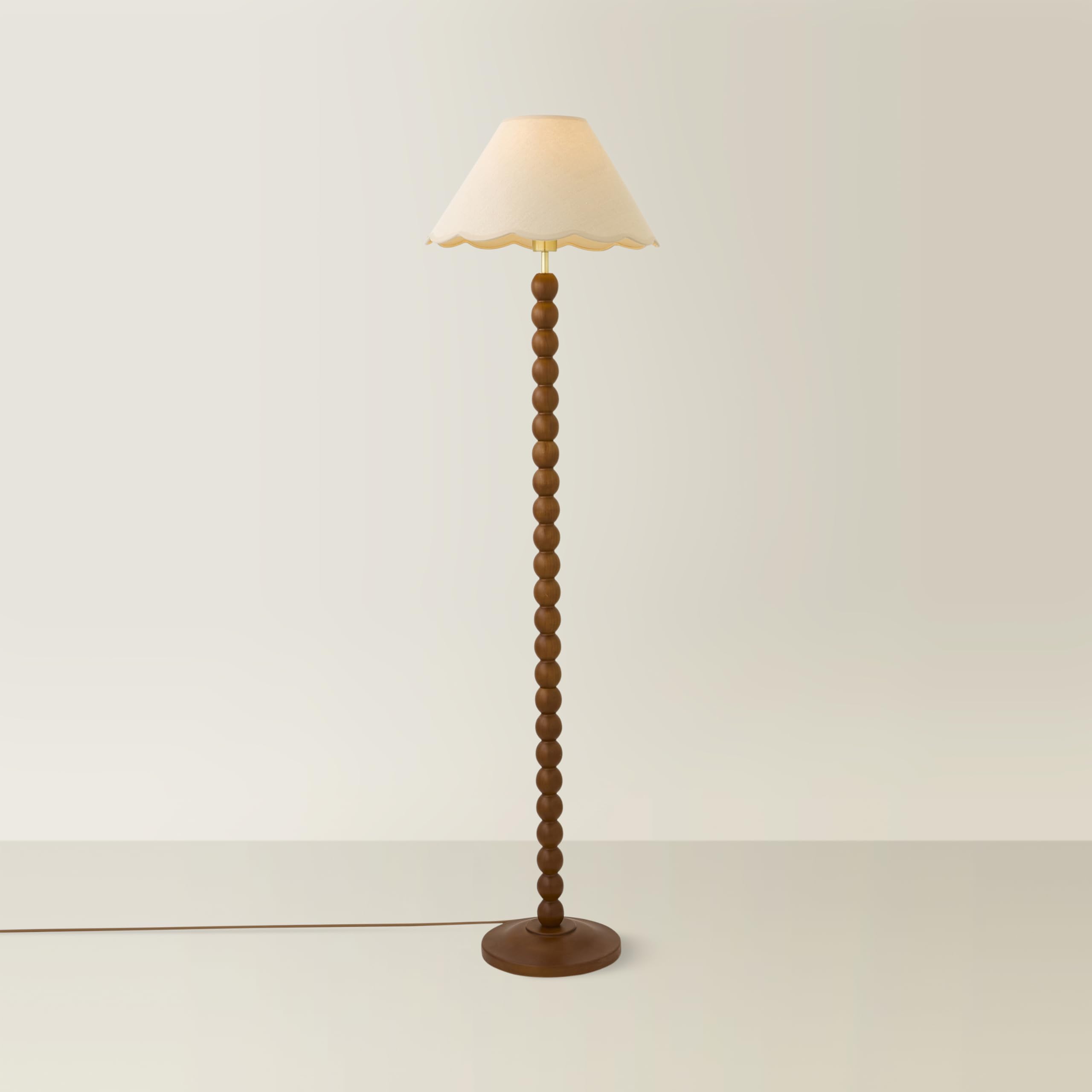 ValueLights Walnut Bobbin Floor Lamp Cream Linen Shade