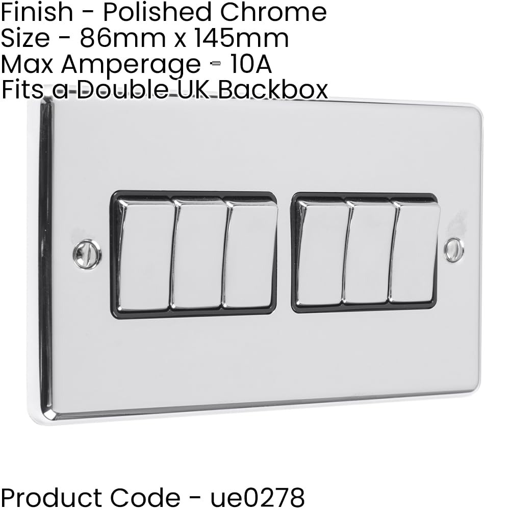 Lichtschalter, 6-Gang-Multi-Lichtschalter, poliertes Chrom und Schwarz, 2-Wege, 10 A, Metall-Wippschalter, dekorative Küche, Wohnzimmer, Schlafzimmer, 2 Stück