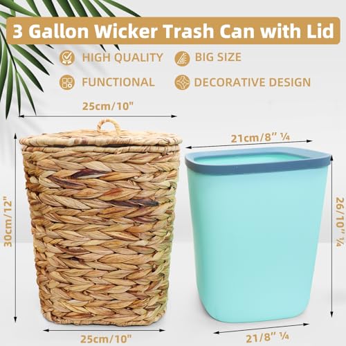 Image of 3 Gallons Wicker Waste Basket Can with Lid & Liner, Handwoven Wastebasket Wastepaper Basket with 60Pcs Bag, Wicker Trash Garbage Rubbish Can Bin Basket for Bedroom Bathroom Kitchen Office