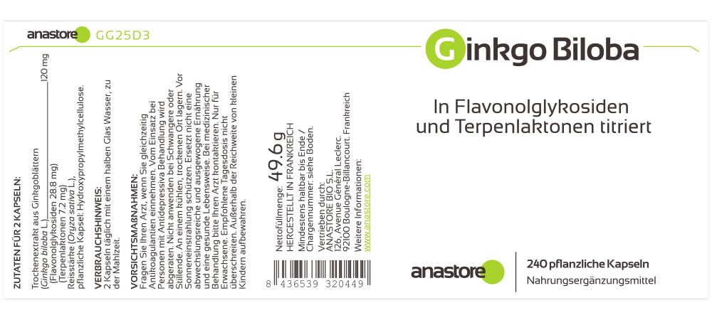 GINKGO BILOBA * OFERTA 3+1 GRATIS * 60 mg / 960 Cápsulas * Titulado al 24% min. de glucósidos de flavonol y al 6% min. de lactonas terpénicas * Cerebro, Equilibrio emocional