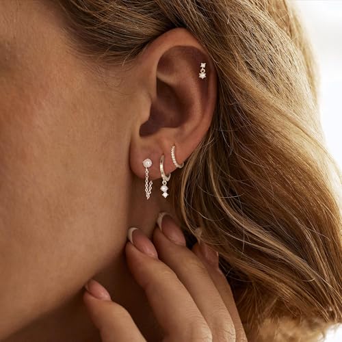 Image of Gold Earrings for Women, 14k Gold Plated Dangle Huggie Earrings for Women Trendy Dainty Gold Hoop Earring Stacks Hypoallergenic Pearl Chain Drop Cartilage Earring Fashion Womens Jewelry