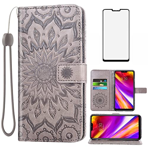 Phone Case for LG G7 ThinQ Wallet with Tempered Glass Screen Protector and Leather Flip Cover Card Holder Stand Cell LGG7 One G 7 Plus LG7 Fit LG7ThinQ 7G Thin Q G7+ G7thinq LGG7thinq Women Men Gray