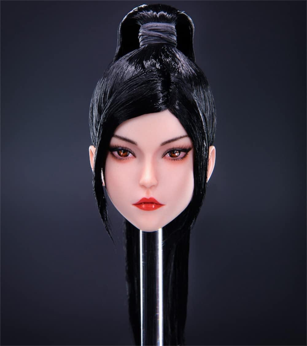 Fremego 1/6 Scale Female Head Sculpt,Suntan Skin Girl Black Hair Head Carved for 12inch PH TBL Action Figure Body Collection (E)