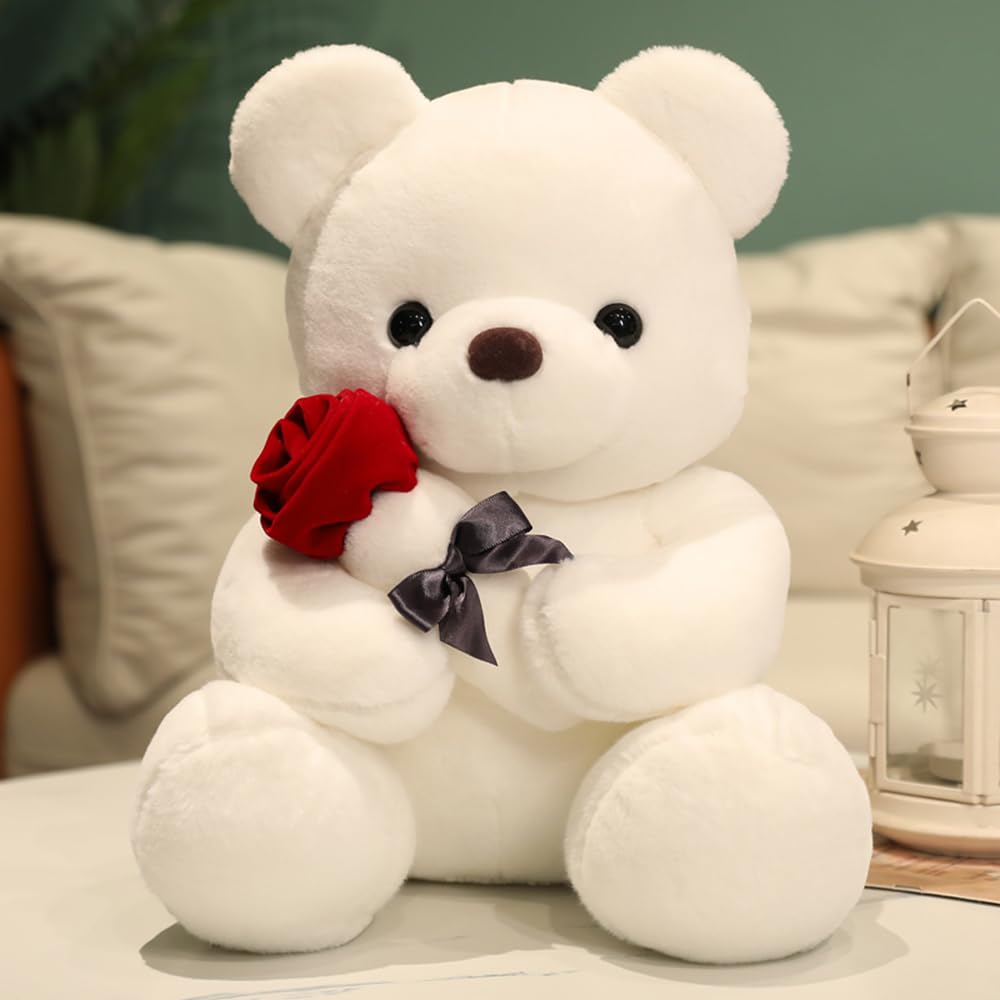 Annco Soft Teddy Bear Plush with Rose Flower - 9.8" (25cm) White Teddy Stuffed Toy for Valentine's Day Christmas Anniversaries